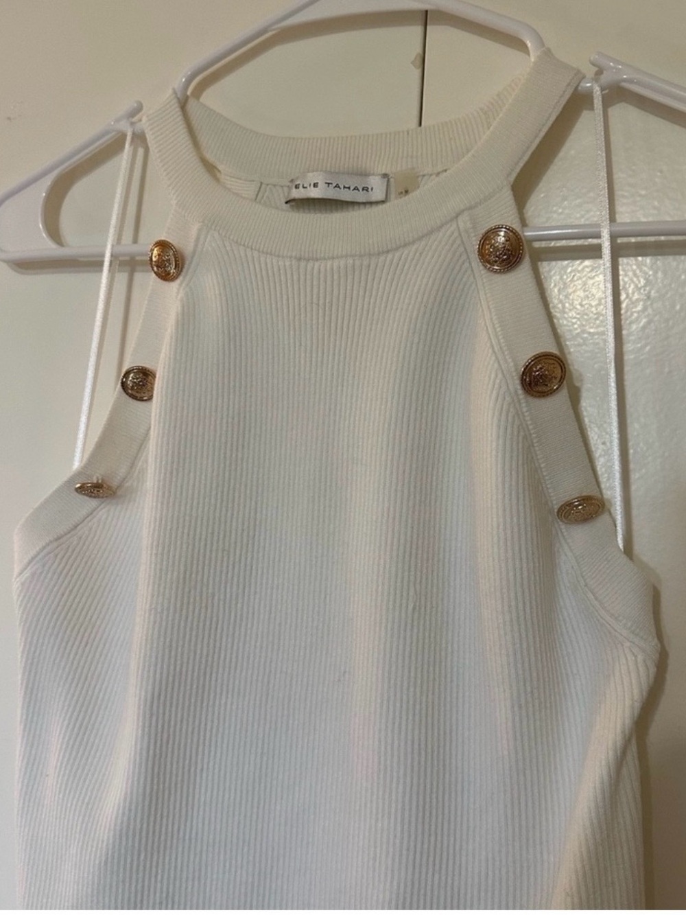 Elie Tahari Cream Ribbed Tank with Gold Shoulder Buttons